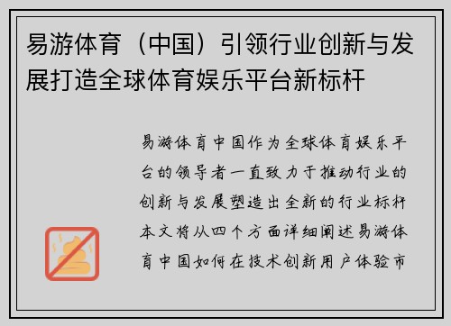 易游体育（中国）引领行业创新与发展打造全球体育娱乐平台新标杆